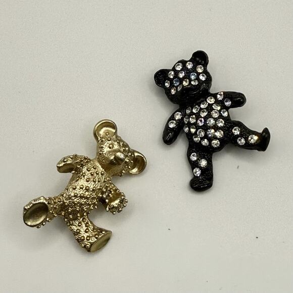 Unbranded Jewelry - Vintage Lot of Two Teddy Bear Brooch Pins Gold Tone Black Enamel‎ Rhinestone